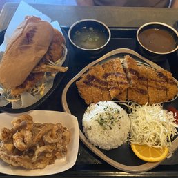 Chicken Katsu sandwich (left)  Ikageso (bottom)  Pork Katsu with curry (right)