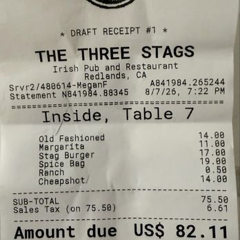 The Three Stags Irish Pub & Restaurant - Receipt - Irish Pub Near Me - Redlands, California The Three Stags Irish Pub & Restaurant - Receipt - Irish Pub Near Me - Redlands, California