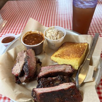 Salinas City BBQ - Two meat combo with smoked brisket, ribs, beans, potato salad and an Arnold Palmer. Look at that smoke ring! - Barbeque Near Me - Salinas, California