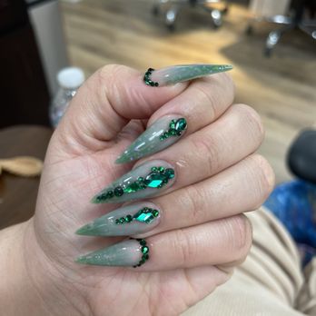 Mega Nails - Jade ombré iridescent stiletto with emerald bling - Nail Technicians Near Me - San Jose, California