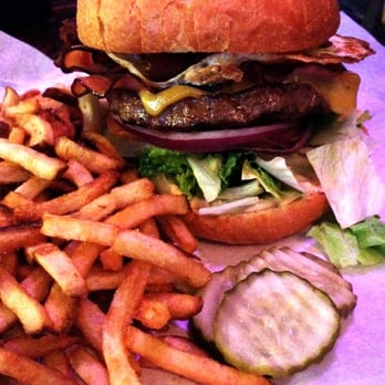 Twilight Room - The T-Burger with fries--it's a fried egg, bacon, ham, and cheese-burger! - Dive Bars Near Me - Portland, Oregon Twilight Room - The T-Burger with fries--it's a fried egg, bacon, ham, and cheese-burger! - Dive Bars Near Me - Portland, Oregon