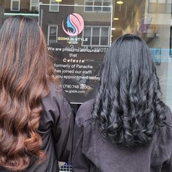 Balayage chocolate highlights and full head color with cut and blowout with curls