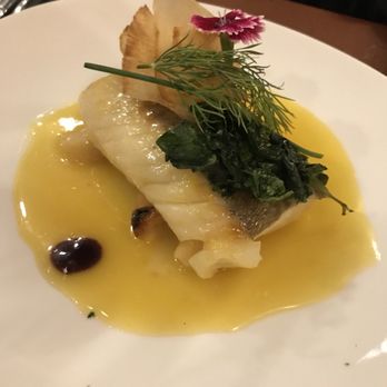 Viana - Codfish in Blood Orange Sauce, Apple, Spinach, and Yuca Chips - Spanish Near Me - Barcelona, B Viana - Codfish in Blood Orange Sauce, Apple, Spinach, and Yuca Chips - Spanish Near Me - Barcelona, B