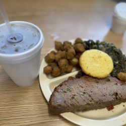 The Garden Grille - Meatloaf with collards and fried okra.