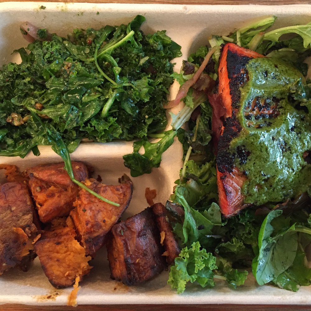 Dig Inn - Wild Sockeye Salmon w. Pesto ($11.25) Roasted Sweet Potatoes, Roasted Kale w/ Caramelized Onion - New American Near Me - New York, New York