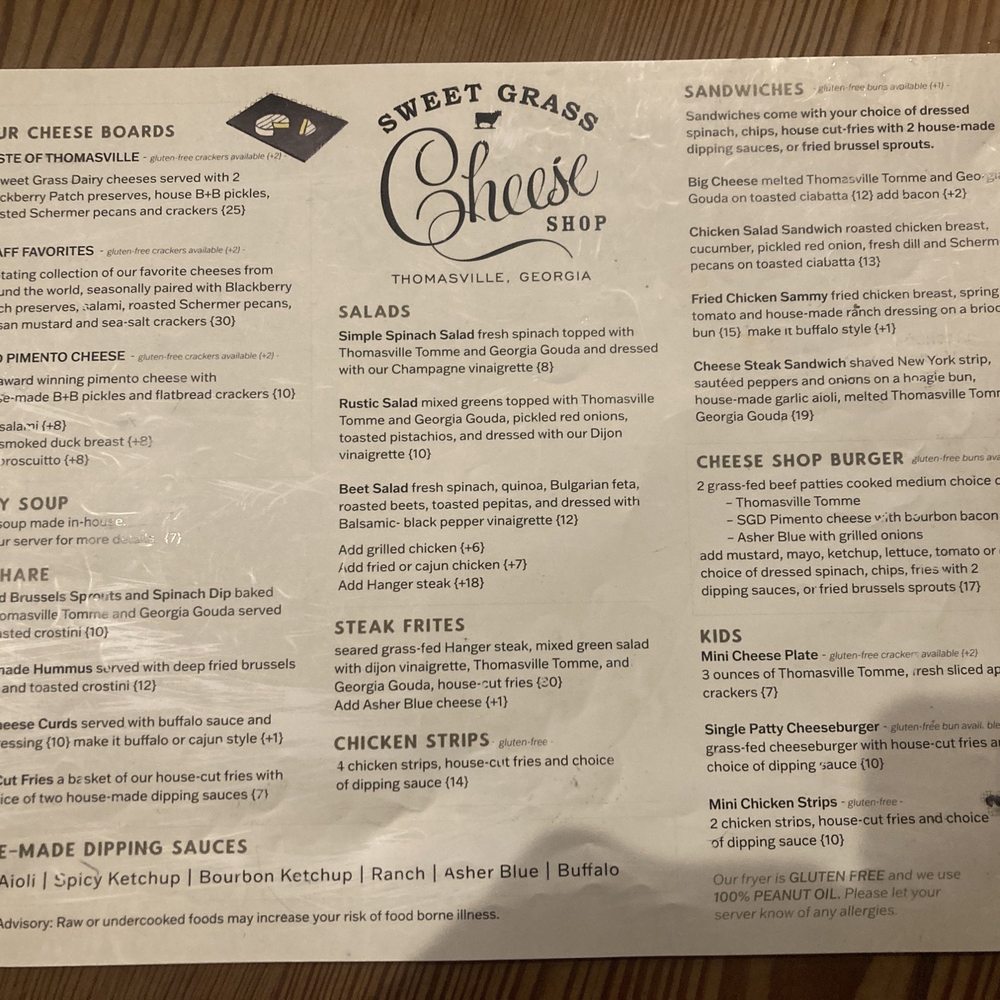 Sweet Grass Dairy - Menu front - Cheese Shops Near Me - Thomasville, Georgia