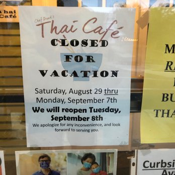 Thai Cafe - a closed for vacation sign - Thai Near Me - Peterborough, New Hampshire