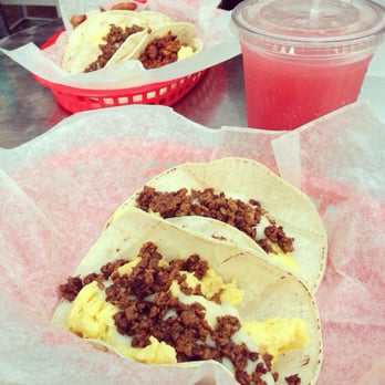 Tacodeli - Sausage, egg, and potato breakfast tacos and a watermelon agua fresca. - Breakfast & Brunch Near Me - Austin, Texas Tacodeli - Sausage, egg, and potato breakfast tacos and a watermelon agua fresca. - Breakfast & Brunch Near Me - Austin, Texas