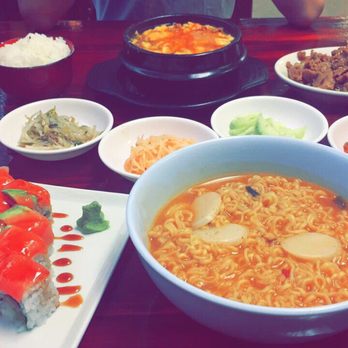 HWA restaurant - I got the Steve Roll and Ramen with Rice Cakes. Ray chose the Pork Tofu Soup & Bulgogi Combo. - Korean Near Me - Murray, Utah HWA restaurant - I got the Steve Roll and Ramen with Rice Cakes. Ray chose the Pork Tofu Soup & Bulgogi Combo. - Korean Near Me - Murray, Utah