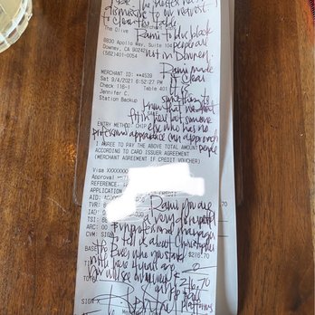 The Olive Restobar - Receipt photos - Mediterranean Near Me - Downey, California