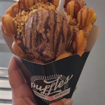 Puffles - Original waffle, Rocky road ice cream, peanuts, coffee and chocolate syrup! Yummy! - Desserts Near Me - Hollywood, Florida