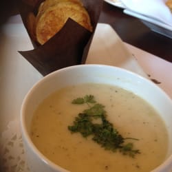 Sour cream and onion soup with a side of handmade potato chips.