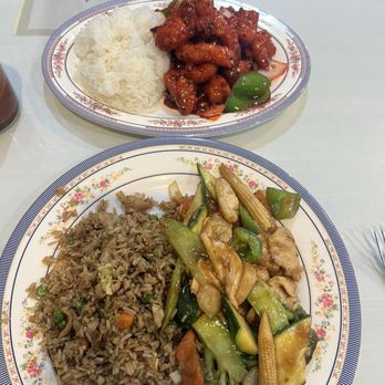 Friendly House - 12/20/24 House  Chicken Over Rice; Chicken with Mixed Vegetables Over chicken fried Rice - The image shows two plates of Chinese cuisine on a table. The first plate contains fried rice mixed with vegetables, and the second plate has stir-fried vegetables with baby corn and chicken, along with a serving of sweet and sour chicken with rice. The dishes are served on floral-patterned plates, and a fork is visible on the right side of the image. - Chinese Near Me - Turlock, California