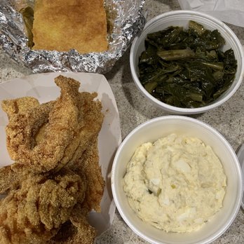 Scend's Restaurant - Red Snapper, Greens, Potato Salad and a slice of cornbread. - Fish & Chips Near Me - San Leandro, California Scend's Restaurant - Red Snapper, Greens, Potato Salad and a slice of cornbread. - Fish & Chips Near Me - San Leandro, California
