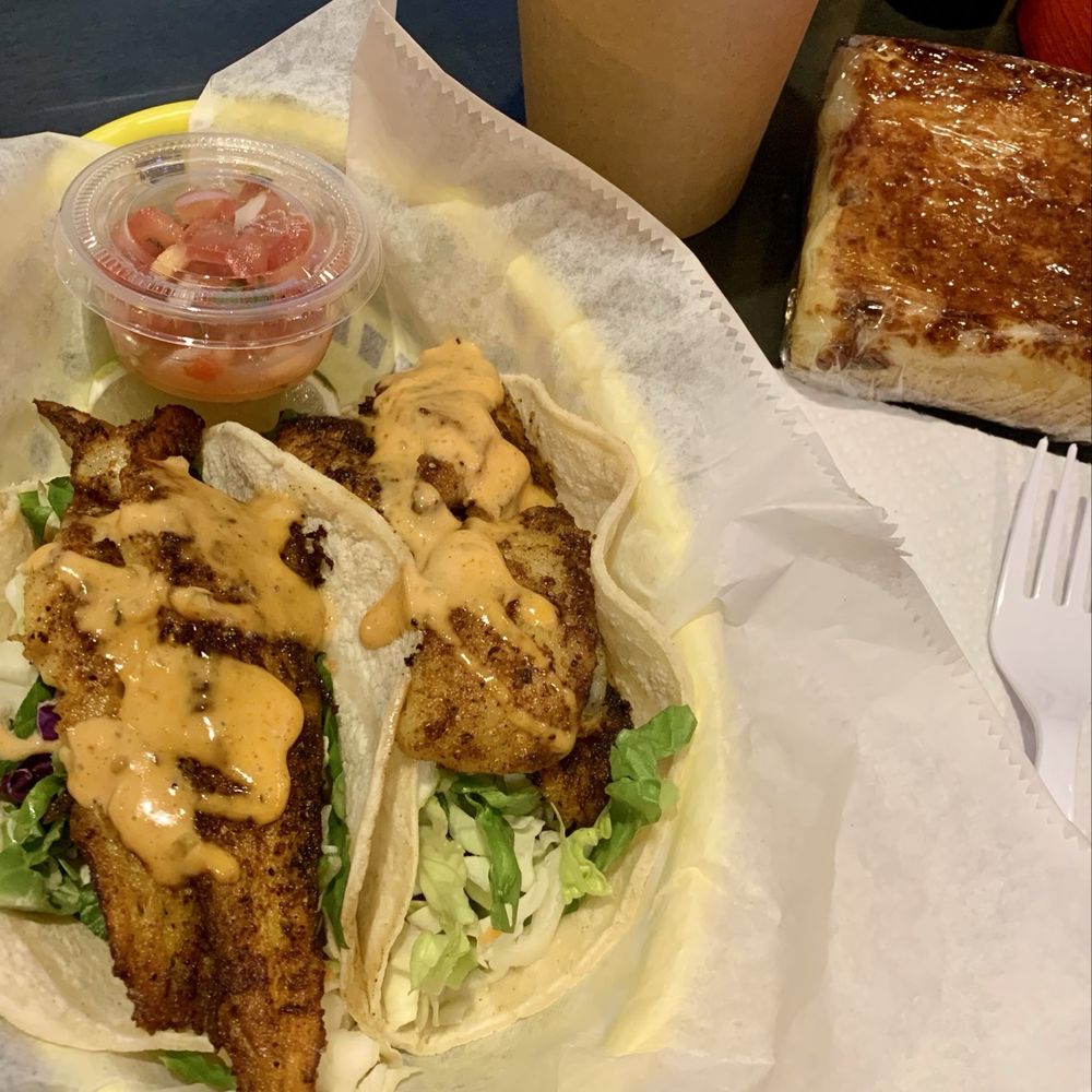 Tiki Grill - Blackened Fish Tacos, yellow cake Ooey-Gooey Butter Bar - Comfort Food Near Me - Flagstaff, Arizona Tiki Grill - Blackened Fish Tacos, yellow cake Ooey-Gooey Butter Bar - Comfort Food Near Me - Flagstaff, Arizona