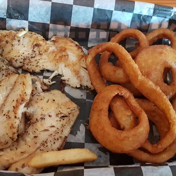 Pop's Raw Bar & Restaurant - Grilled grouper with onion rings, hushpuppies - Seafood Near Me - Buxton, North Carolina