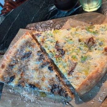 Miami Slice - (Left) Mushroom Truffle & (right) Leeks On Bacon - Pizza Near Me - Miami, Florida Miami Slice - (Left) Mushroom Truffle & (right) Leeks On Bacon - Pizza Near Me - Miami, Florida