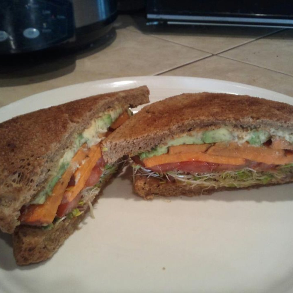 Johnny's Burger - Sweet Potato Avocado Sandwich (also has hummus, sprouts, red onion, tomato) Very Good! - Burgers Near Me - Riverside, California Johnny's Burger - Sweet Potato Avocado Sandwich (also has hummus, sprouts, red onion, tomato) Very Good! - Burgers Near Me - Riverside, California