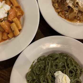 Maccheroni Republic - Rigatoni Pom'Amore (top left), Boccoletti Al Pesto E Ricotta (bottom), and the Pappardelle Al Cinghiale (top right) - Italian Near Me - Los Angeles, California