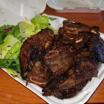 Matiki Island BBQ - Kalbi ribs with extra kalbi. Green salad on the side. - Hawaiian Near Me - Anaheim, California Matiki Island BBQ - Kalbi ribs with extra kalbi. Green salad on the side. - Hawaiian Near Me - Anaheim, California