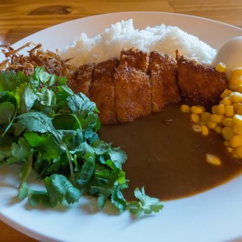 Curryfornia - Curry with white rice, pork cutlet, boiled egg, sweet corn, cilantro, and fried onions - Japanese Curry Near Me - Torrance, California Curryfornia - Curry with white rice, pork cutlet, boiled egg, sweet corn, cilantro, and fried onions - Japanese Curry Near Me - Torrance, California