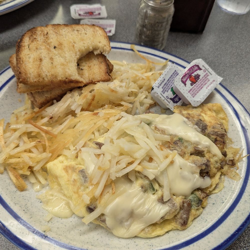 Great Plains Cafe - Philly omelette with hash browns and sourdough bread. - Cafes Near Me - Genoa, Nebraska