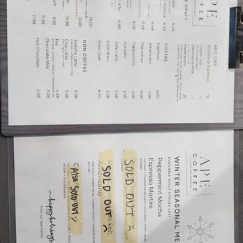 Ape Coffee - menu as of 1/29/25 - Coffee & Tea Near Me - Orange, California