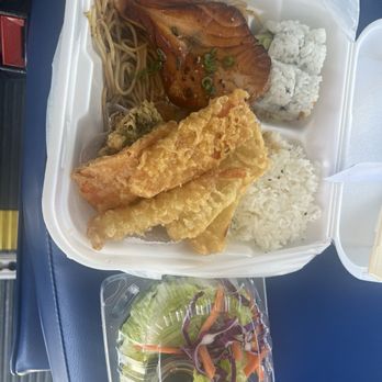 Gin Sushi - Teriyaki salmon with noodles, side, salad, California rolls, tempura fried veggies - Sushi Bars Near Me - Temecula, California Gin Sushi - Teriyaki salmon with noodles, side, salad, California rolls, tempura fried veggies - Sushi Bars Near Me - Temecula, California