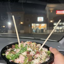 Ahipoki - 2 Scoop Poke Bowl with white rice, octopus, Tuna, Seaweed Salad, Crab Salad, Edamame and sauces.