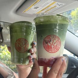 Left: Chashi matcha latte with matcha foam and jasmine syrup, 50% sweet Right: Strawberry Chashi matcha latte with jasmine syrup, 50% sweet