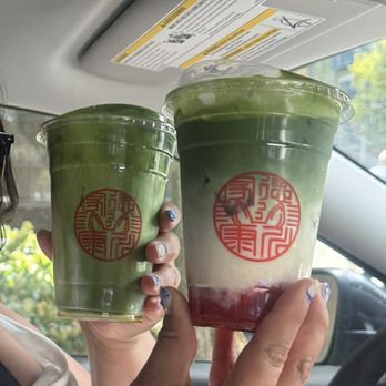 Taz Matcha - Left: Chashi matcha latte with matcha foam and jasmine syrup, 50% sweet Right: Strawberry Chashi matcha latte with jasmine syrup, 50% sweet - Cafes Near Me - Seattle, Washington