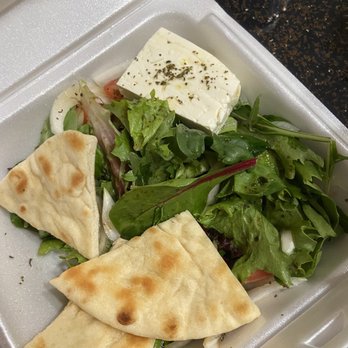 Athens Café - Side of Greek salad with pita and a block of feta cheese - Mediterranean Near Me - Austin, Texas