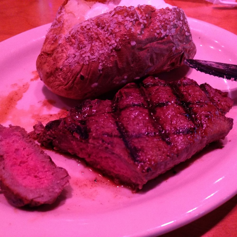 Texas Roadhouse - Medium 6 oz sirloin & baked potato (lunch, $9.99) not shown--side of Broccoli - Steakhouses Near Me - Bliss, Texas Texas Roadhouse - Medium 6 oz sirloin & baked potato (lunch, $9.99) not shown--side of Broccoli - Steakhouses Near Me - Bliss, Texas