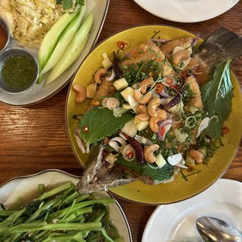 Fish Cheeks - Crab fried rice, fried fish, morning glory - Seafood Near Me - New York, New York Fish Cheeks - Crab fried rice, fried fish, morning glory - Seafood Near Me - New York, New York