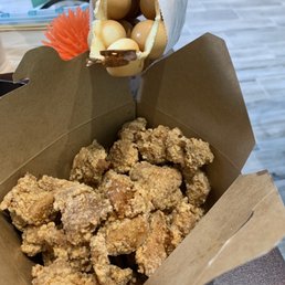 Popcorn chicken and egg waffle.
