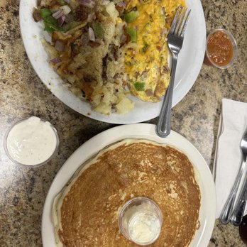 Carolyn's Cafe - My new go to breakfast! Polish Sausage Scramble with a pancake! - Breakfast & Brunch Near Me - Redlands, California
