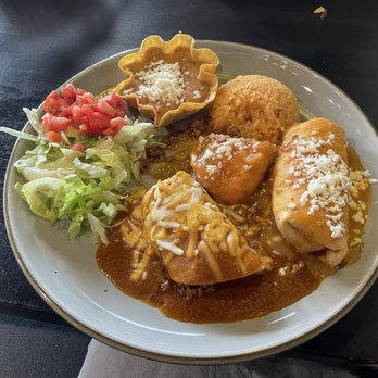 Ay Jalisco Mexican Restaurant Grill and Cantina - Combo 2 with Enchilada and Chimichanga (and part of hubby's Chile Relleño in the middle) - Mexican Near Me - Somersworth, New Hampshire Ay Jalisco Mexican Restaurant Grill and Cantina - Combo 2 with Enchilada and Chimichanga (and part of hubby's Chile Relleño in the middle) - Mexican Near Me - Somersworth, New Hampshire