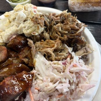 J & J Smokehouse BBQ - duo plate. sausage and pulled pork, pasta salad and coleslaw sides slaw. - Barbeque Near Me - Catskill, New York J & J Smokehouse BBQ - duo plate. sausage and pulled pork, pasta salad and coleslaw sides slaw. - Barbeque Near Me - Catskill, New York