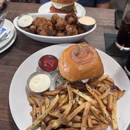 Fried mushrooms, Blue Fox burger and Bacon Jam & Egg burger Fried mushrooms, Blue Fox burger and Bacon Jam & Egg burger