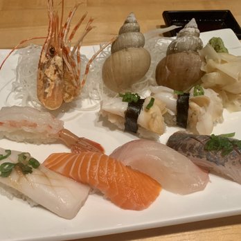 Kiku Sushi - A selection of different nigiris (Escolar, Umimasu, Shima Aji, Aji, Ama Ebi, Shiro Baigai) - Japanese Near Me - Berkeley, California Kiku Sushi - A selection of different nigiris (Escolar, Umimasu, Shima Aji, Aji, Ama Ebi, Shiro Baigai) - Japanese Near Me - Berkeley, California