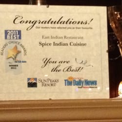 Spice Indian Cuisine - They won Award! this year!