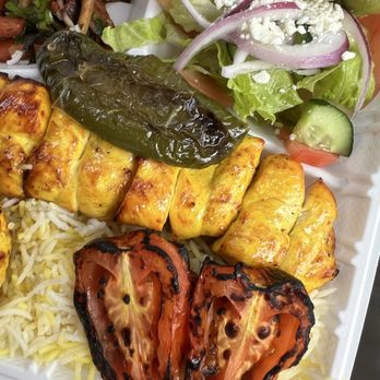 Nirvana - Joojeh chicken kabob--That jalapeño and perfectly charred tomato is definitely impressive. - Pizza Near Me - Seattle, Washington