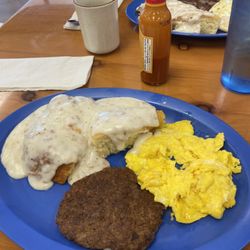 Patsy Maes Cafe - Sausage, scrambled eggs and biscuit and gravy