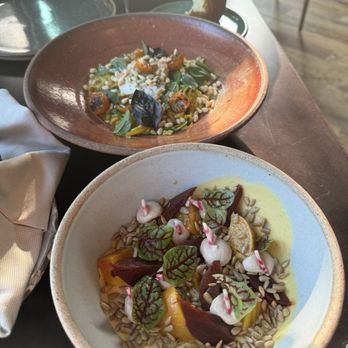 January - Our two vegetable courses. The top one is zucchini with burrata and the bottom picture is the trio of beets. Both were delicious! - New American Near Me - Franklin, Tennessee