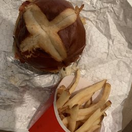Pretzel Bacon Pub Cheeseburger and Fries. Pretzel Bacon Pub Cheeseburger and Fries.
