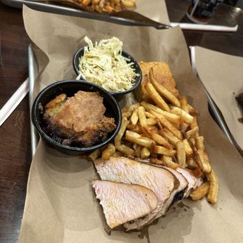 Mission BBQ - Smoked turkey, fries, coleslaw, cornbread, and blueberry cobbler dessert - Barbeque Near Me - Harrisburg, Pennsylvania Mission BBQ - Smoked turkey, fries, coleslaw, cornbread, and blueberry cobbler dessert - Barbeque Near Me - Harrisburg, Pennsylvania