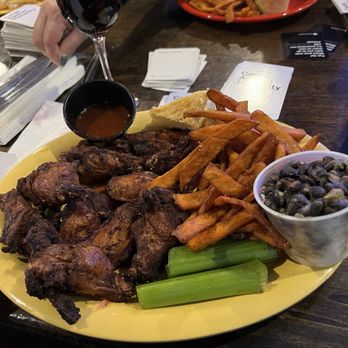 Limp Lizard - Smoked Chicken Wings with Sweet Potato Fries and Black Beans and Rice - Barbeque Near Me - Liverpool, New York Limp Lizard - Smoked Chicken Wings with Sweet Potato Fries and Black Beans and Rice - Barbeque Near Me - Liverpool, New York