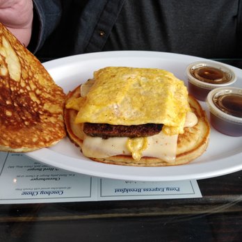Beach Road Round-Up - Salt Water Cowboy. Choice of meats, egg and cheese inside two pancakes. - Breakfast & Brunch Near Me - Chincoteague Island, Virginia Beach Road Round-Up - Salt Water Cowboy. Choice of meats, egg and cheese inside two pancakes. - Breakfast & Brunch Near Me - Chincoteague Island, Virginia