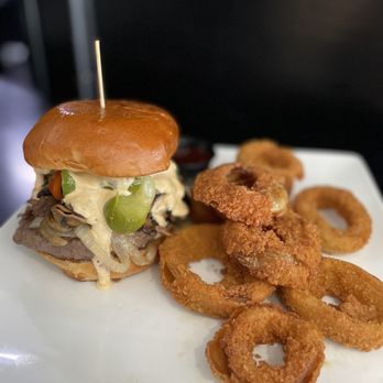 Nicky Rottens - Mushroom and Swiss Burger and onion rings - Sports Bars Near Me - Coronado, California