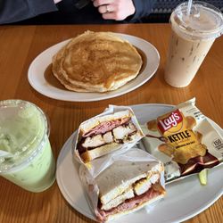 Sandwich on gf bread, pancakes, matcha & latte